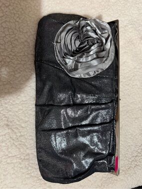 Poppie Jones Black Satin Clutch with Silver Rosette